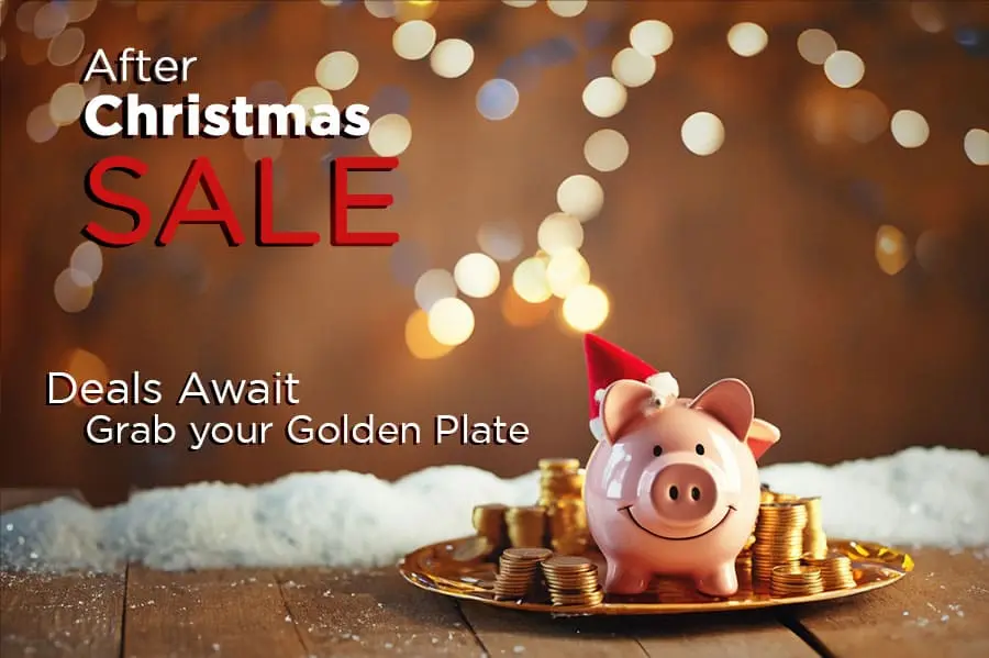 Banner with Piggy Money Box: After Christmas Sale - Save Big on Post-Holiday Deals and Start Saving!